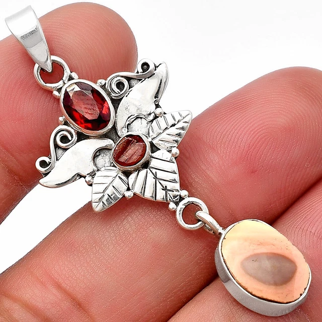 Imperial Jasper, Garnet & Tourmaline Rough 925 Silver Pendant Jewelry P-5323