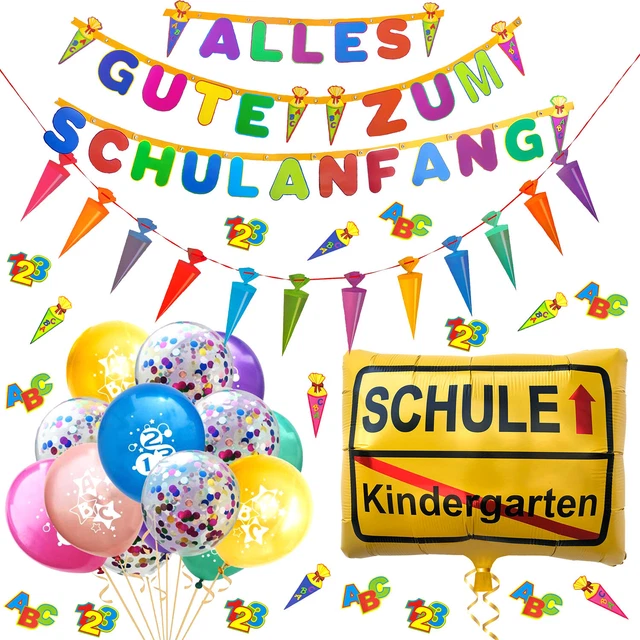 Dekoset Zum Schulanfang – 2 Girlanden + 8 Luftballons + 1 Button – Bunt & Fertig Zum Feiern