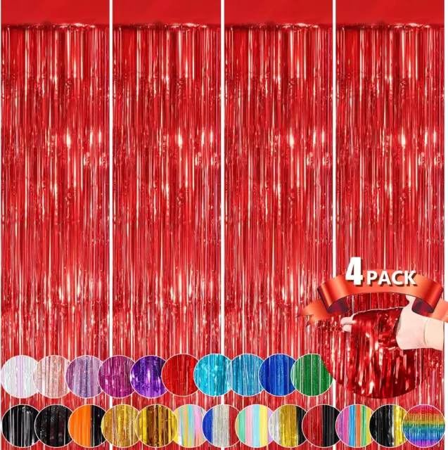 Red Metallic Tinsel Foil Fringe Curtains, 4 Pack 3.3X8.3 Feet Streamer Backdrop