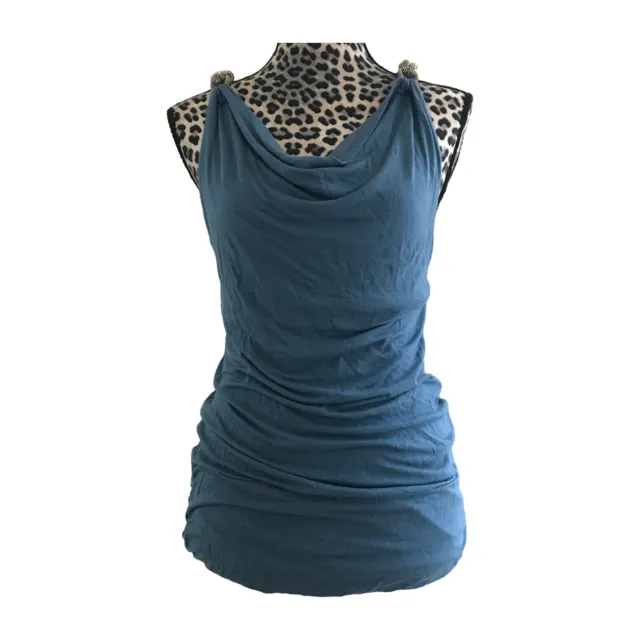 BCBGMaxazria sz S Teal Blue Cowl Neck Draped Jersey Chainlink Racerback Tank Top