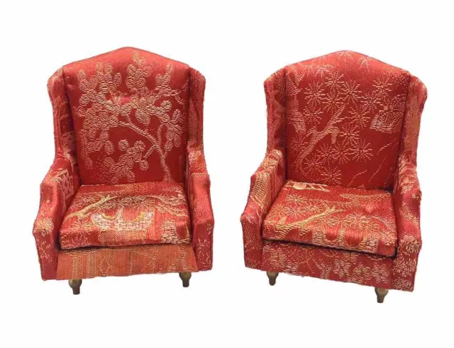 Vintage Dollhouse Armchairs 1960s Ideal Red & Gold Floral Brocade Japan Set Lot