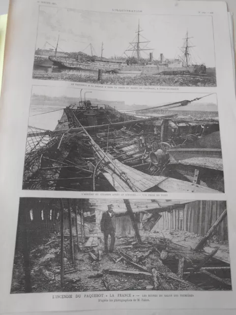 Gravure 1887 - L'incendie du paquebot La France les ruines du salon des 1eres