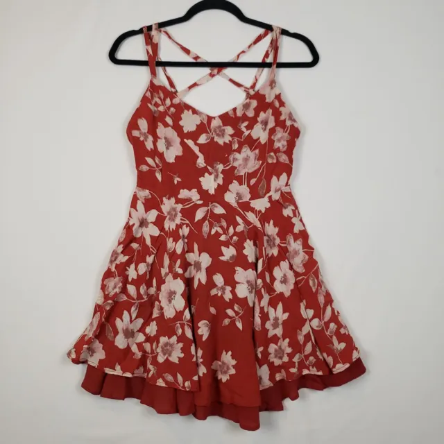 Urban Outfitters Kimchi Blue Fit & Flare Dress Size 2 Floral Brick Red Strappy