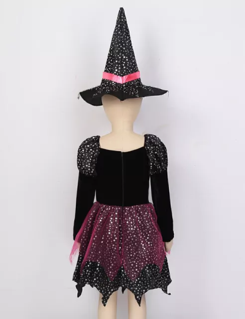 Kinder Mädchen Halloween Hexen Kostüm Cosplay Glänzend Kleid+Hut +Tasche SET
