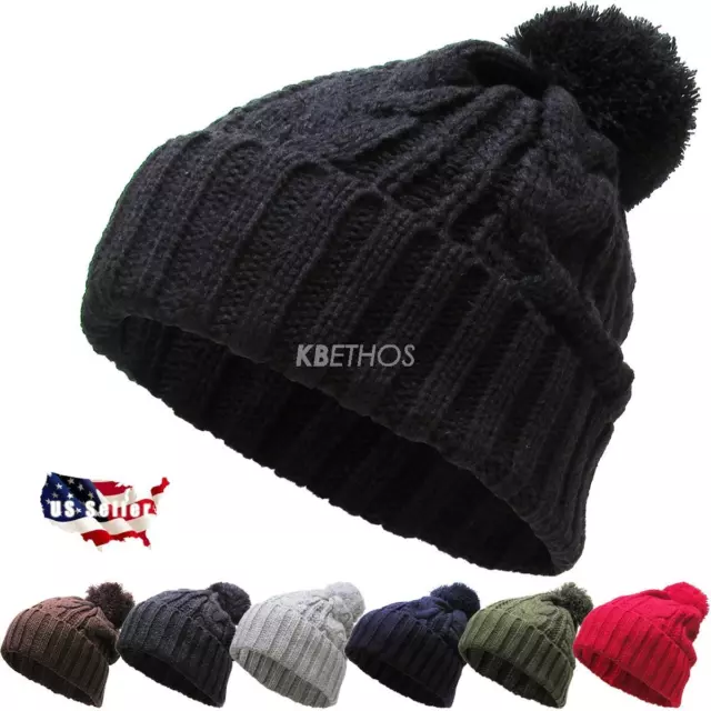 POM POM Beanie Braided Color Plain Winter Cap Skull Hat Ski Knit Warm Cuff New