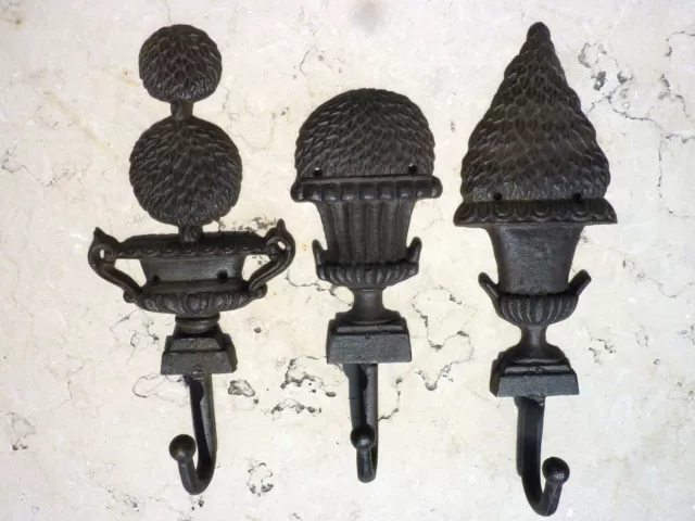 Cast Iron Metal Set/3 Coat Kitchen Towel Bath Topiary Urn Hook Home Garden Decor