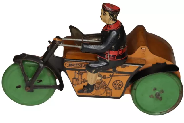 Antique Vintage Indian Tin Toy Motorcycle With Side Car. 1920’s. Made By MARX.