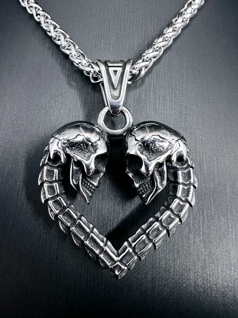 Totenkopf Skelett Herz Liebe Anhänger Edelstahl Kette Schädel Schmuck Biker 257