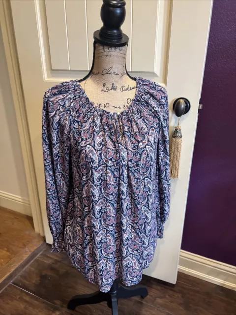 Chaps Ralph Lauren Paisley Print Peasant Blouse Smocked Purples S 42” 26”