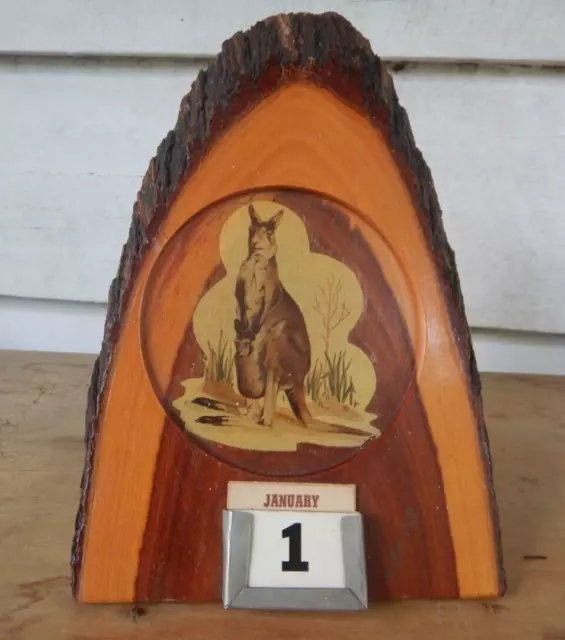 Vintage Australian Mulga Wood Perpetual Calendar Stand Kangaroo