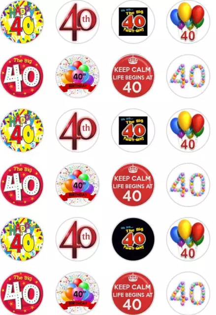 24 x PRECUT 40TH BIRTHDAY/40 YEARS OLD RICE/WAFER PAPER CUP CAKE TOPPERS