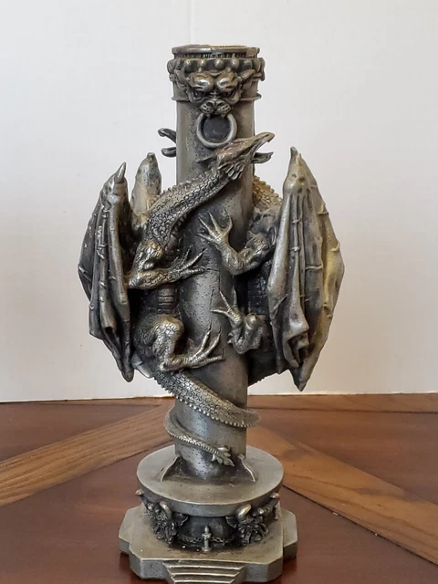 Vintage Gothic Candlestick Dragon Pewter Collor 9.5"Tall. Lot of 2