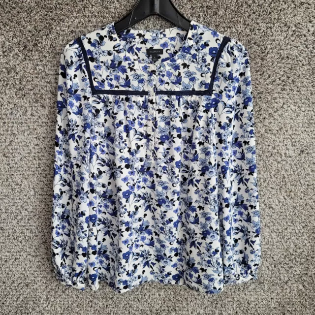 Talbots Top Womens Medium Blue Floral Print Popover Blouse Long Sleeve Ladies