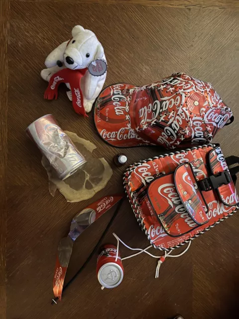 COCA COLA CAN HAND MADE HAT, BACKPACK, Eye Covers & “Spilled” Coke, Polar Bear