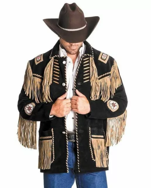 Men Native American Cowboy Leather Jacket Fringe & Beads Western Suede Jacket