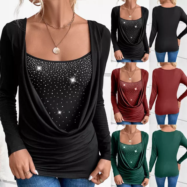 Women Glitter Rinestone Tops T-Shirt Ladies Ruffle Party Long Sleeve Slim Blouse