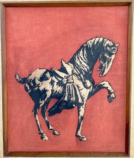 Vtg Mid-Century Red Batik Fabric - Tang Horse, Han Palace Art Co, Framed 20"x24"