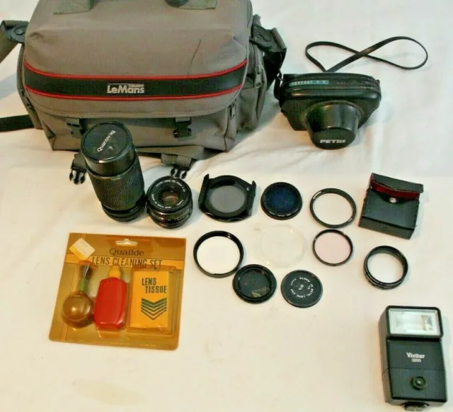 camera accessories lot 2 lens filters flash carry bag quantaray canon vivitar
