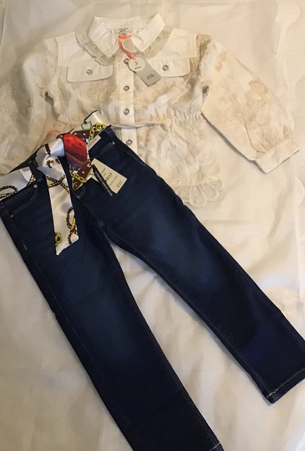 Abito a collana ricamo oro mini ragazze River Island 3-4 anni nuovo con etichette