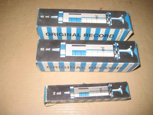 Spritzen  aus Glas und Metall,  2x 10ml  1x 5ml Original Record