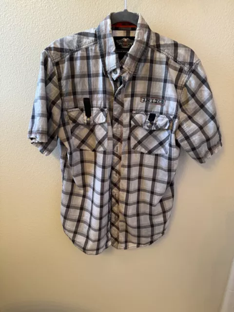 HARLEY DAVIDSON Men’s Short Sleeve Gray Plaid Button Up Shirt Size Med