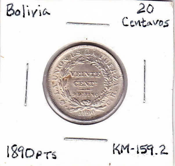 1890PTS  Bolivia 20 Centavos (KM-159.2)  .1331 ASW Silver!