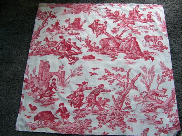 Ancien Coupon De Tissu Jouy Motifs Rouges Fond Ecru Blanc -  J 16/2