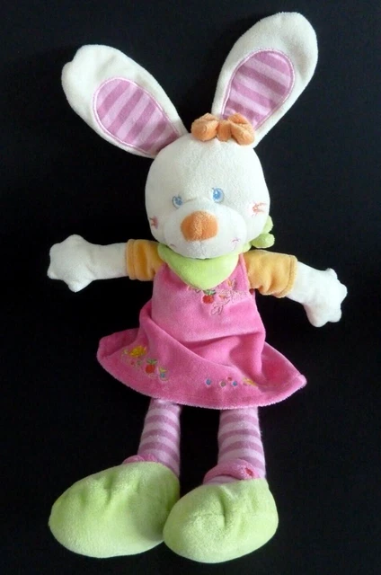 F9*. DOUDOU PELUCHE MOTS D'ENFANTS LAPIN ROBE ROSE FOULARD VERT 32cm - TBE*