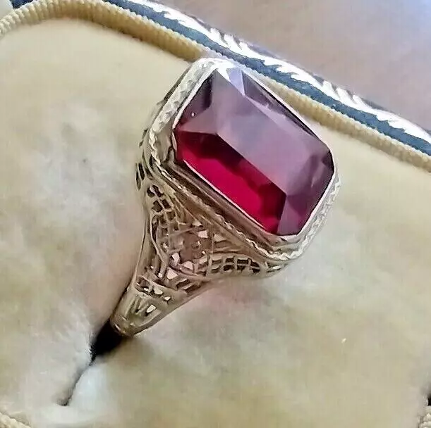 Edwardian 3Ct Emerald Cut Lab Created Red Ruby Estate Ring 14K Rose Gold Plated