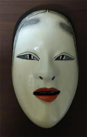 Komote Japanese Mask Wood Carving Height 21.5cm White Lacquer Interior