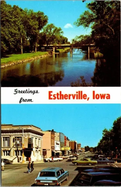 Dual View "Greetings From Estherville Iowa" IA Des Moines River Chrome Postcard