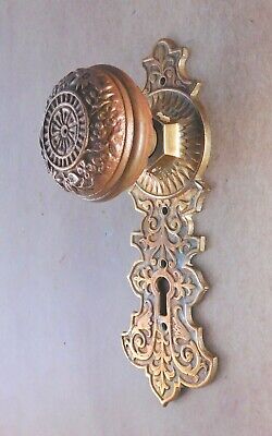 Antique Brass Bronze ornate door plate w/ flower design door knob c 1870 to 1910