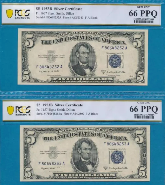 2-$5.00 1953-B Consecutive  Blue Seal Silver Certificates Pcgs Gem New  66Ppq