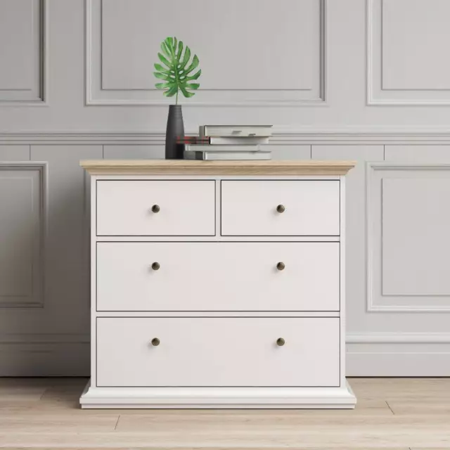 Paris French Country Style 4 Drawer Chest Of Drawers In White And Oak