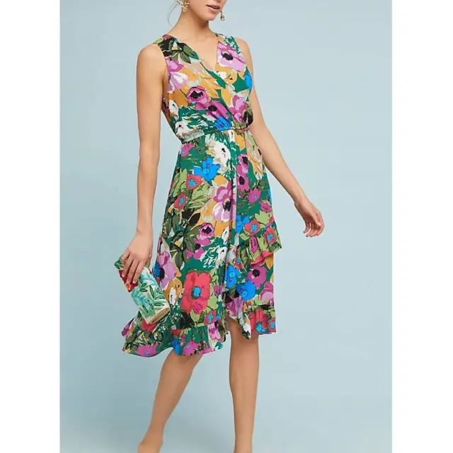 Plenty by Tracy Reese Anthro Multicolored Floral Tiered Flounce Hem Midi Dress S