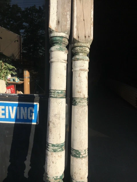 c1890 pair antique turned Victorian porch post columns 89.5/94” x 4.75” square 2