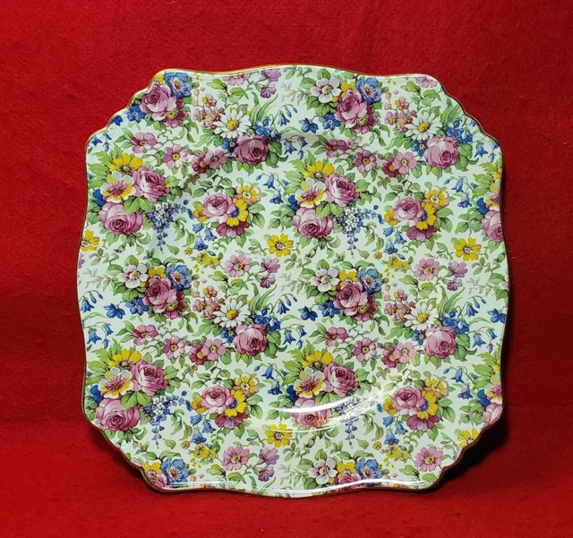 Royal Winton *Summertime* Square Luncheon Plate Chintz Roses Cream Englan 8 3/4"