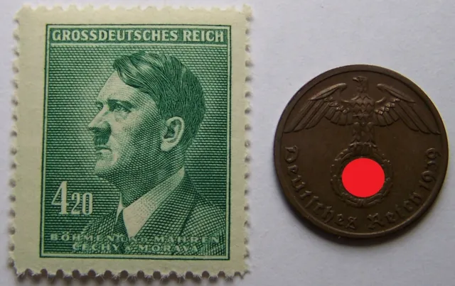 Reichspfennig Münze + Briefmarke - Adolf Hitler - Deutsches Reich