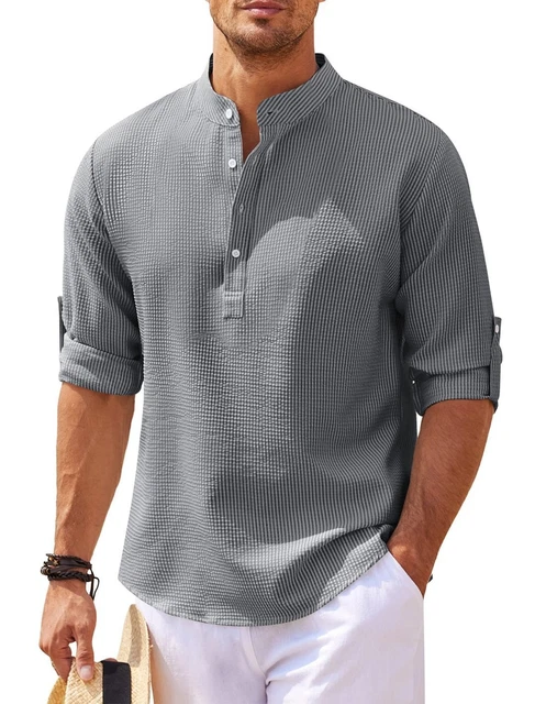Camicia casual uomo regolabile manica lunga a costine top Henley maglietta pullover