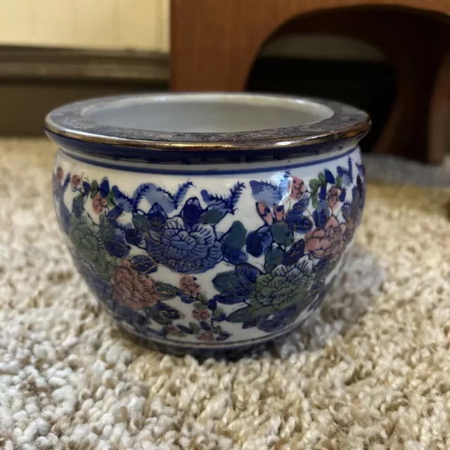 New England Pottery Ming Dynasty Fish Bowl Planter, Blue Floral