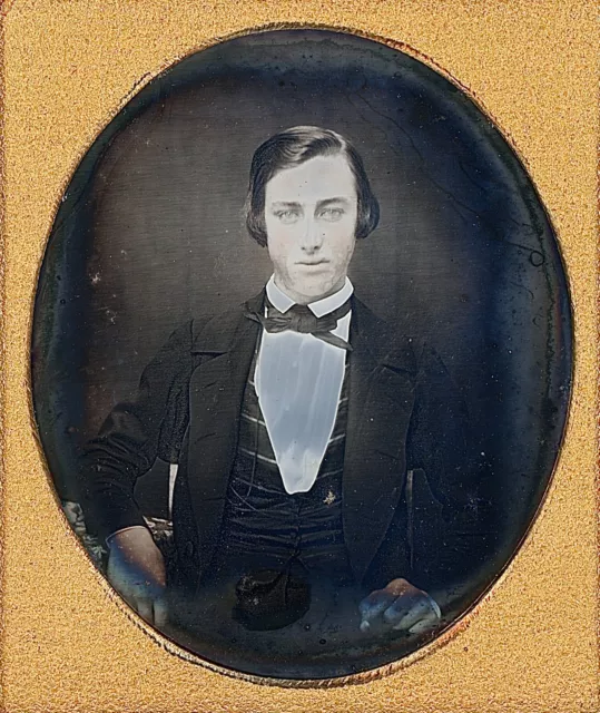 Light Eyed Young Man With Longer Hair Striped Vest 1/6 Plate Daguerreotype K430