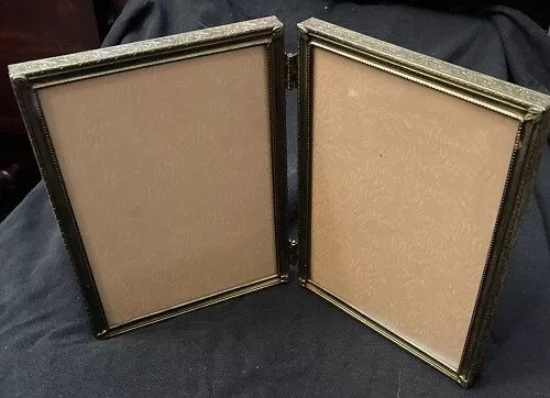 Vintage Original Bi-Fold Photo Frame For Two 5x7 Pictures, Gold Brass Toned