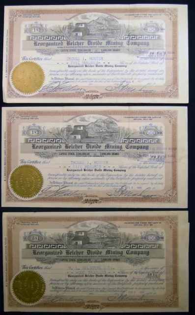 1920 Reorganized Belcher Divide Mining Co Stock Certificates Tonopah Nevada