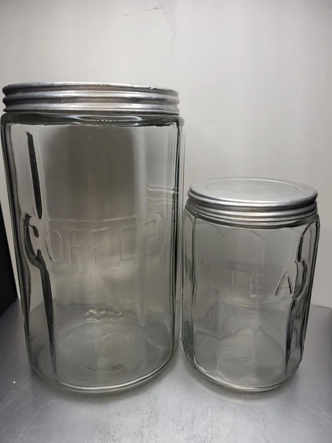 Vintage Hoosier Cabinet Coffee & Tea Ribbed Glass Canister Jar & Lid