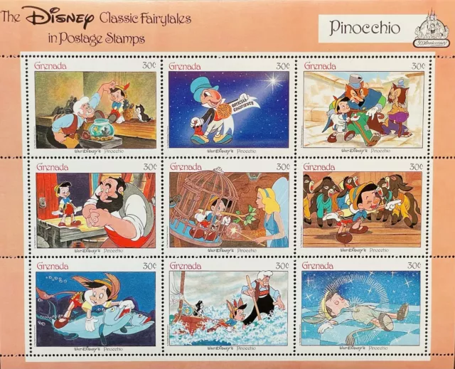 Grenada Disney Classic Fairytales Pinocchio Stamps Sheet Of 9 Mnh 1987