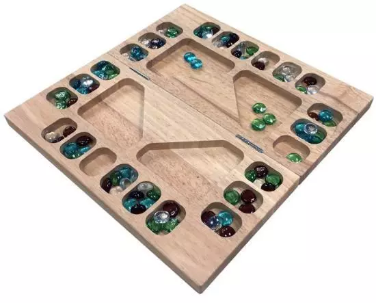 Mancala Multi Player Cartamundi  Wood Folding Set with 48 Colorful Glass Beads