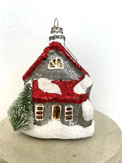 Gray Mercury glass House ornament, vintage look w/tree, 4 1/2" tall, preowned Gray Mercury glass House ornament, vintage look w/tree, 4 1/2" tall, preowned