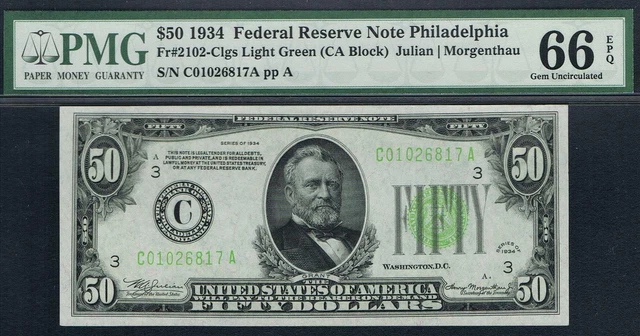 LGS. LIGHT GREEN SEAL. $50 1934 Philadelphia  FRN. Fr. 2102-Clgs. PMG 66 EPQ
