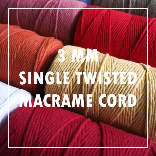 Macrame Cord Cotton 3mm, Single Twisted  47 Colours, Made in EU, Fast Delivery