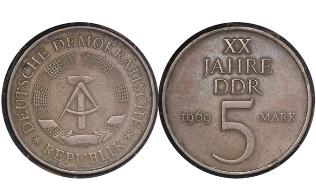 5 Mark 1969 A East Germany Coin 20th Anniversary GDR # 22